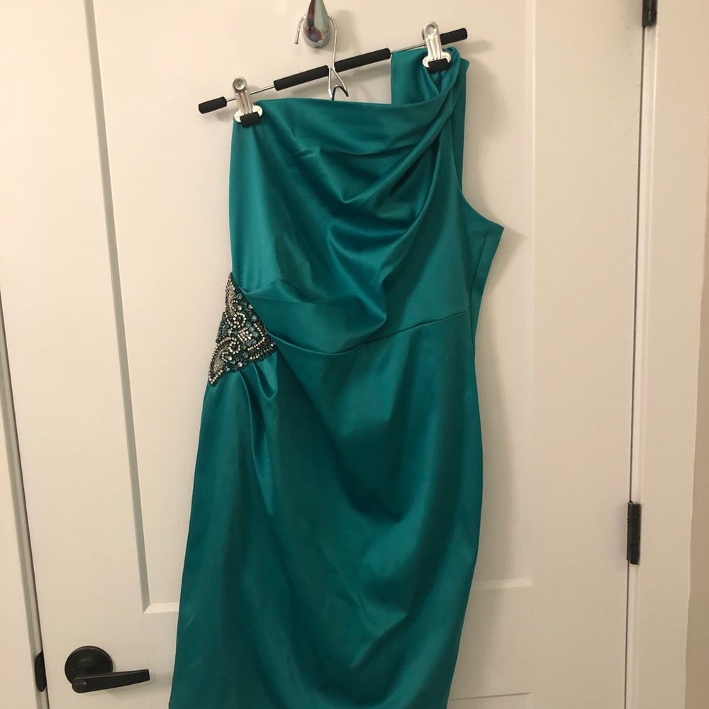 Emerald green, one shoulder cocktail dress